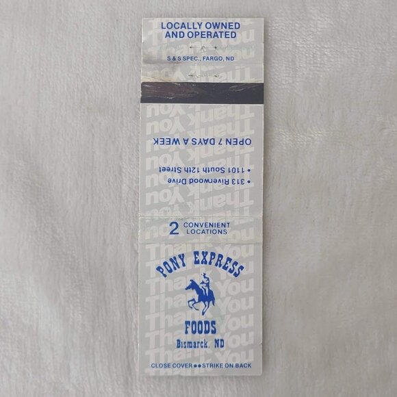 Vintage Matchbook Cover Pony Express Foods Bismarck ND North Dakota Silver Blue - Picture 3 of 4